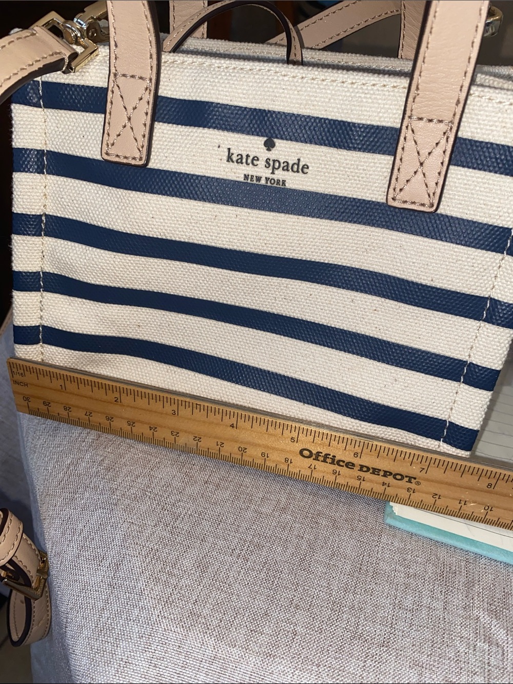 kate spade Navy and Cream Striped Crossbody with Blush Handles 71/2”x 6”tall - Picture 2 of 4